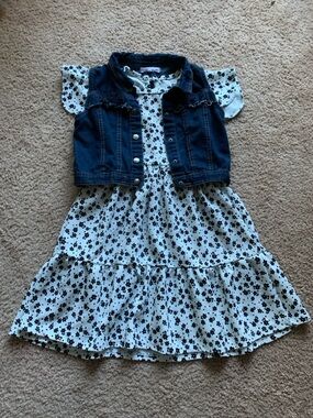 Nannette White Floral Dress with Dark Blue Denim Vest